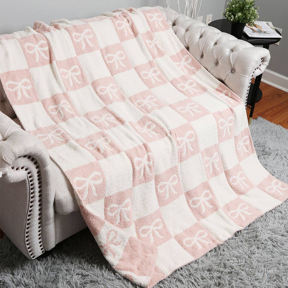 Checkered Bow Patterned Reversible Throw Blanket