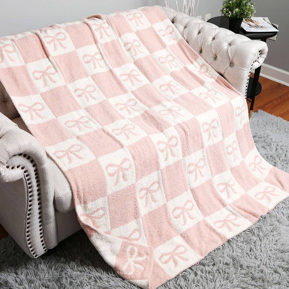 Checkered Bow Patterned Reversible Throw Blanket