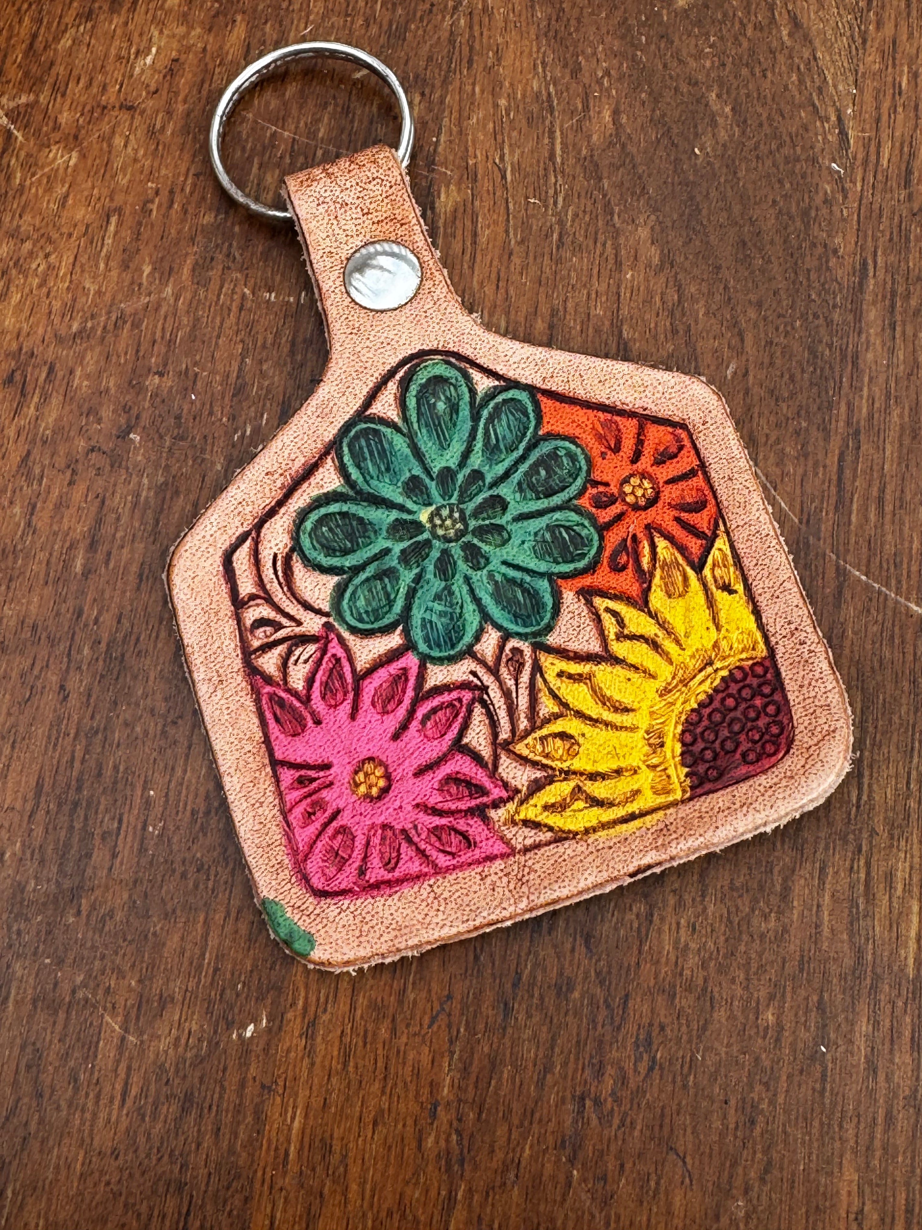 Floral Tooled Leather Keychain