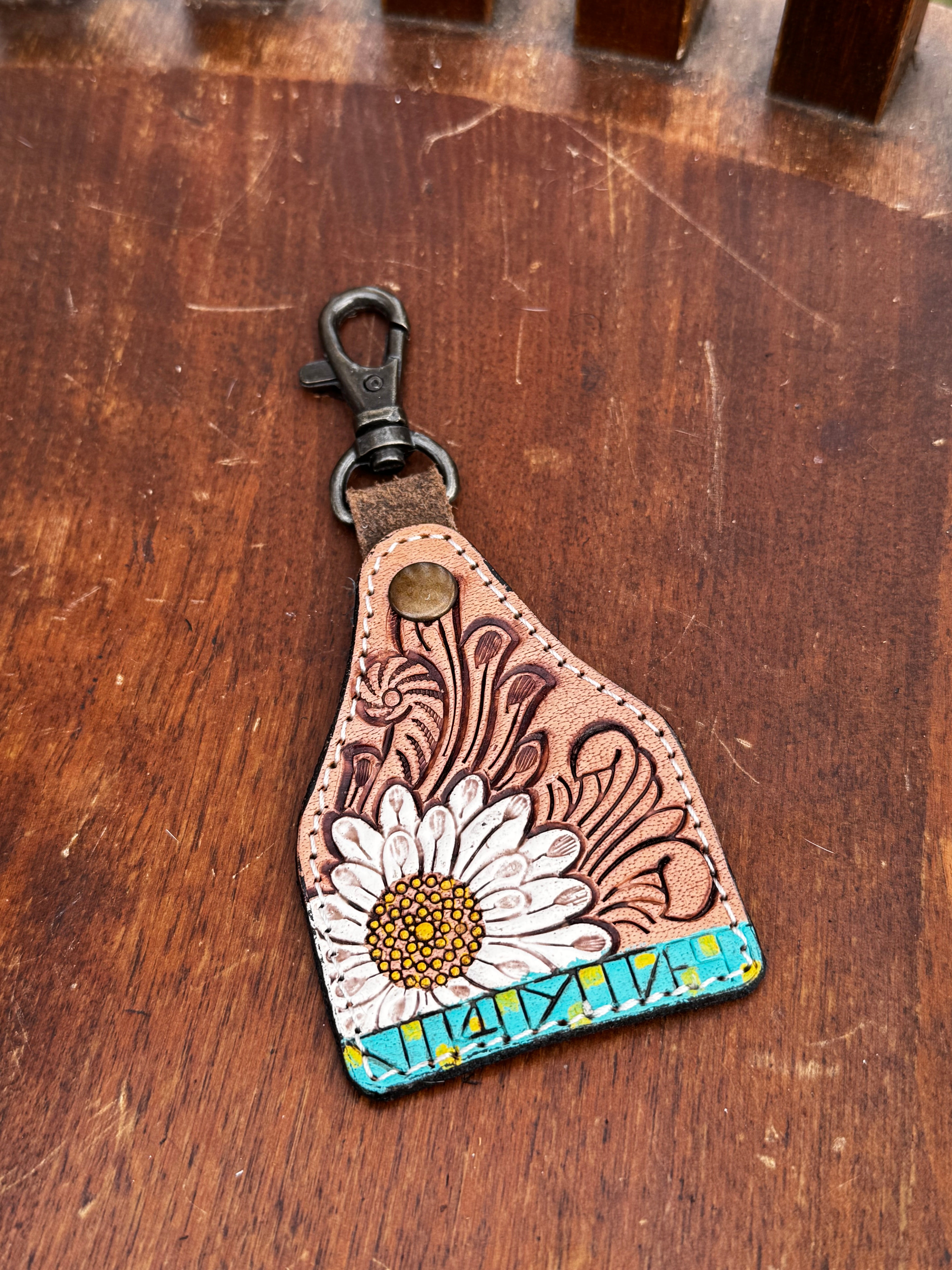 White Daisy Tooled Leather Keychain