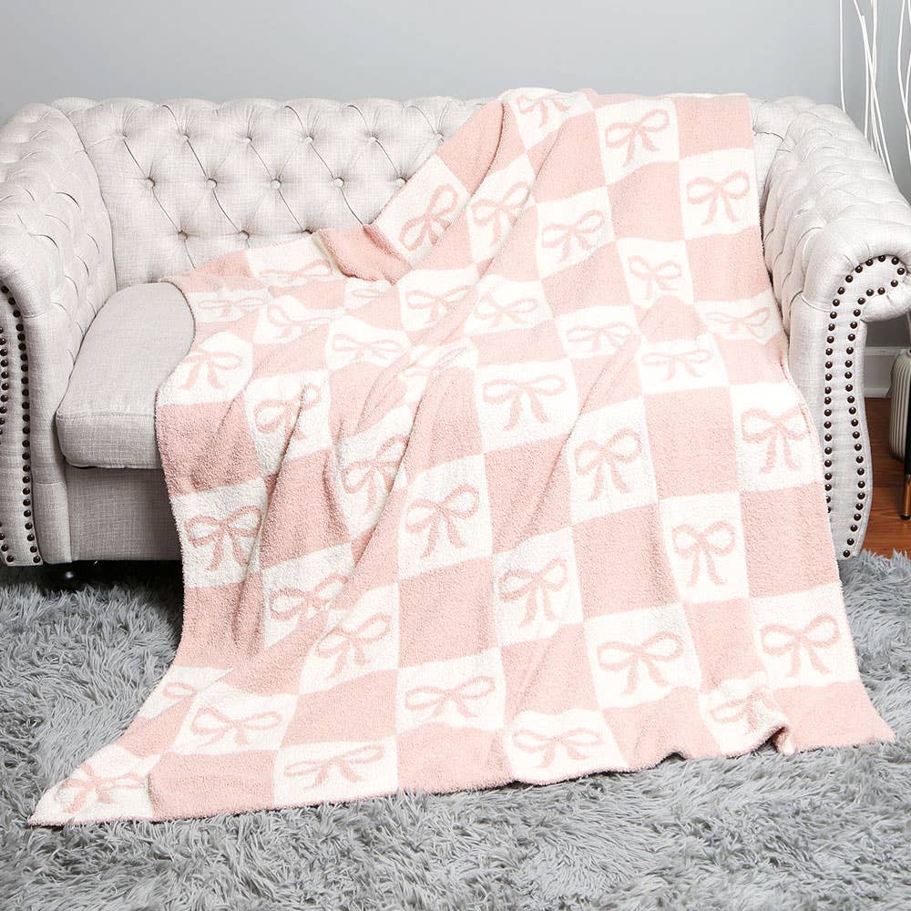 Checkered Bow Patterned Reversible Throw Blanket