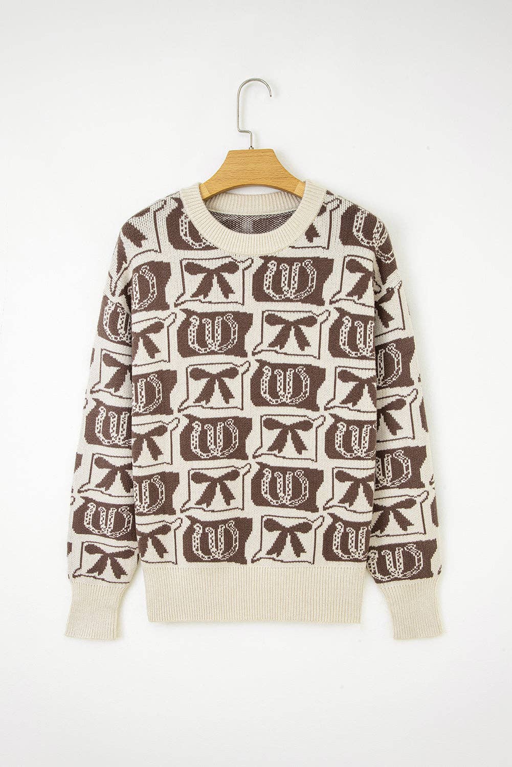 Brown Bows & Horseshoes Pattern Western Fashion Print Sweater