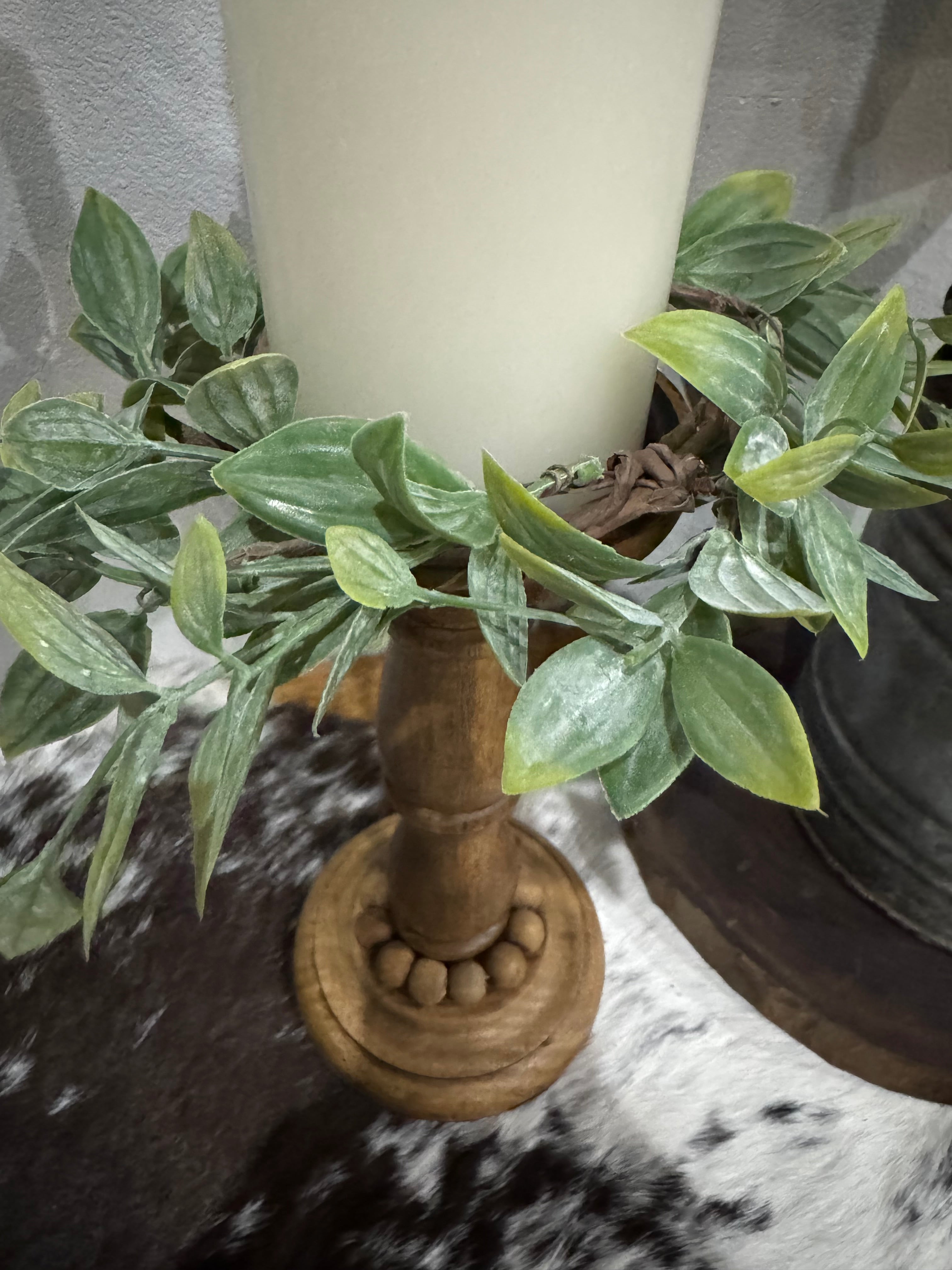 flocked greenery candle ring centerpiece around pillar candle farmhouse decor
