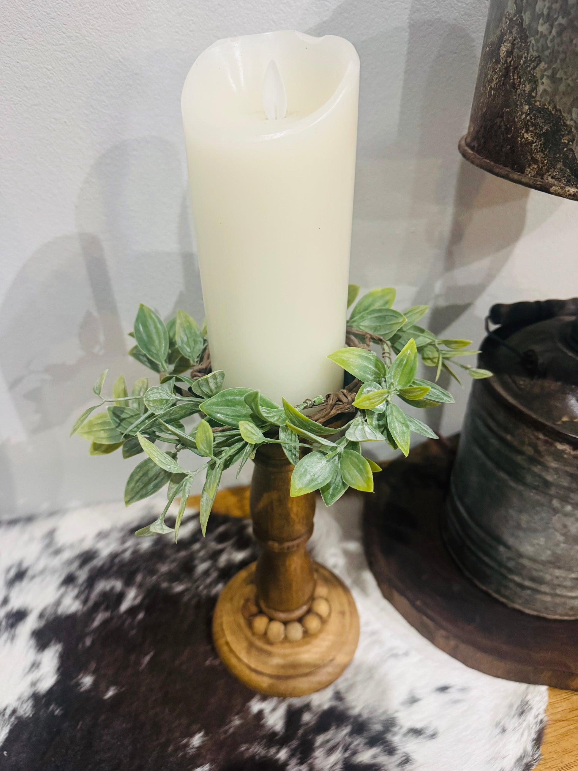 flocked greenery candle ring centerpiece around pillar candle farmhouse decor