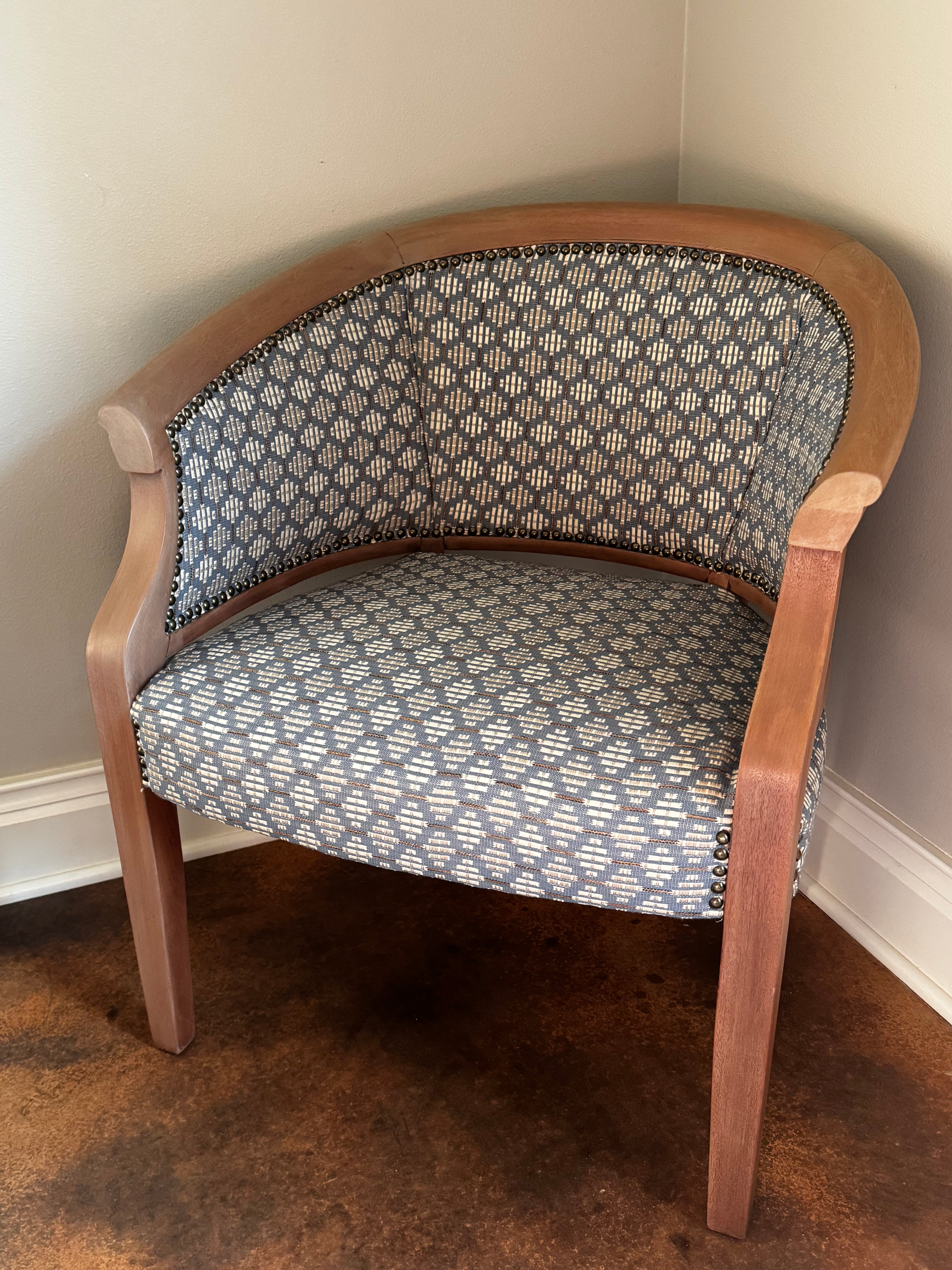 Custom Barrel Chair – Blue Geometric & Plaid Upholstery
