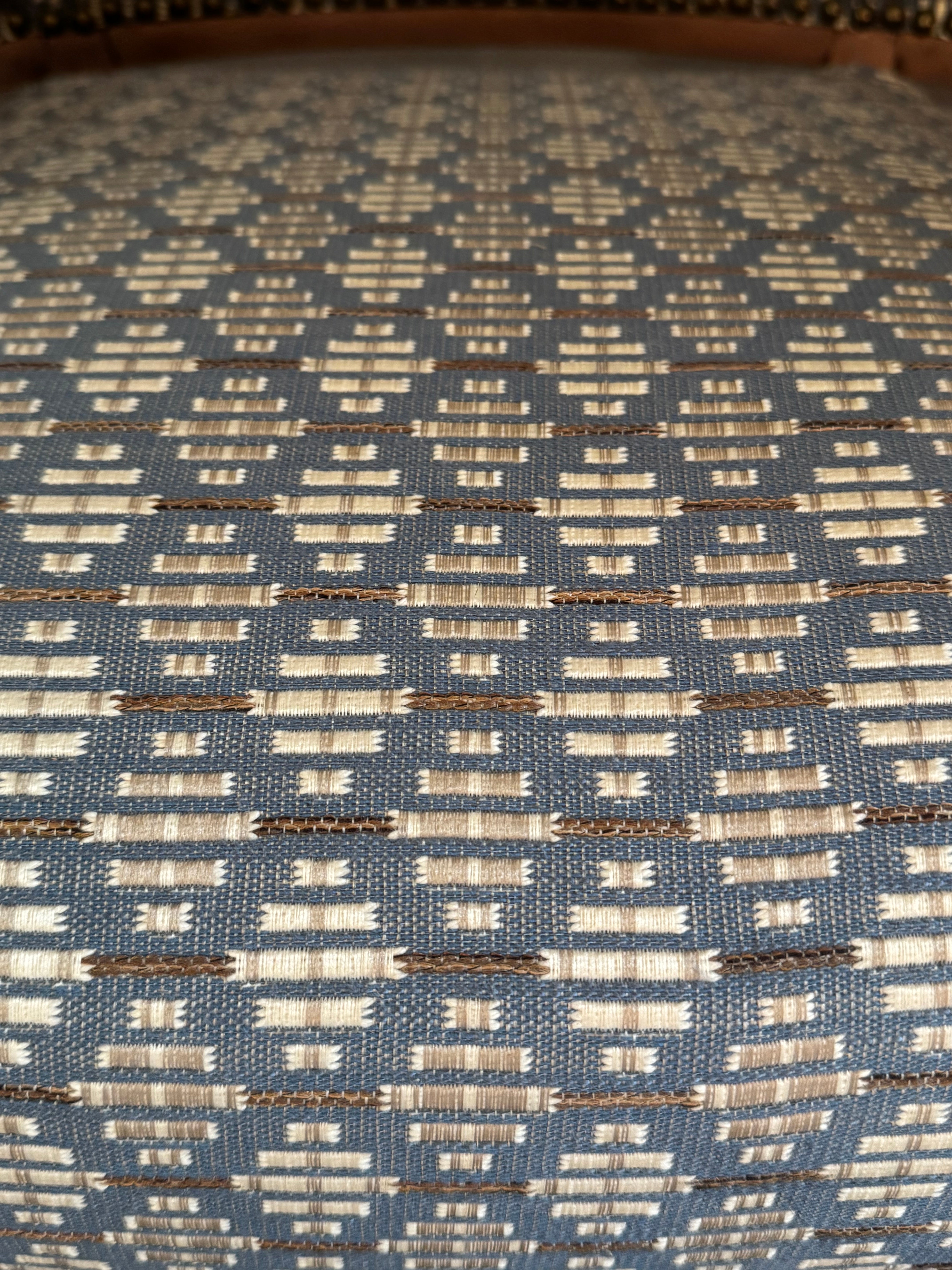 Custom Barrel Chair – Blue Geometric & Plaid Upholstery