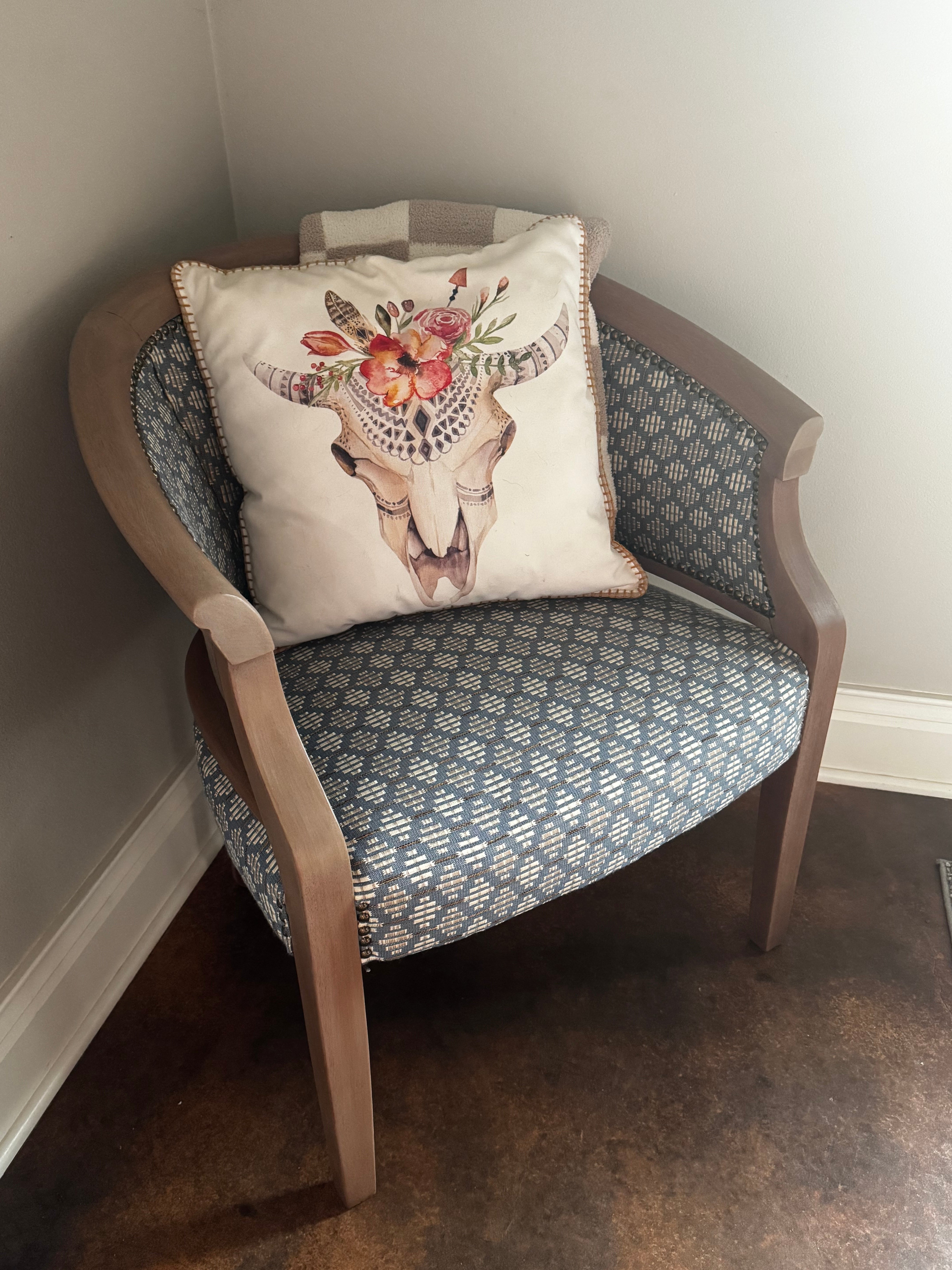 Custom Barrel Chair – Blue Geometric & Plaid Upholstery