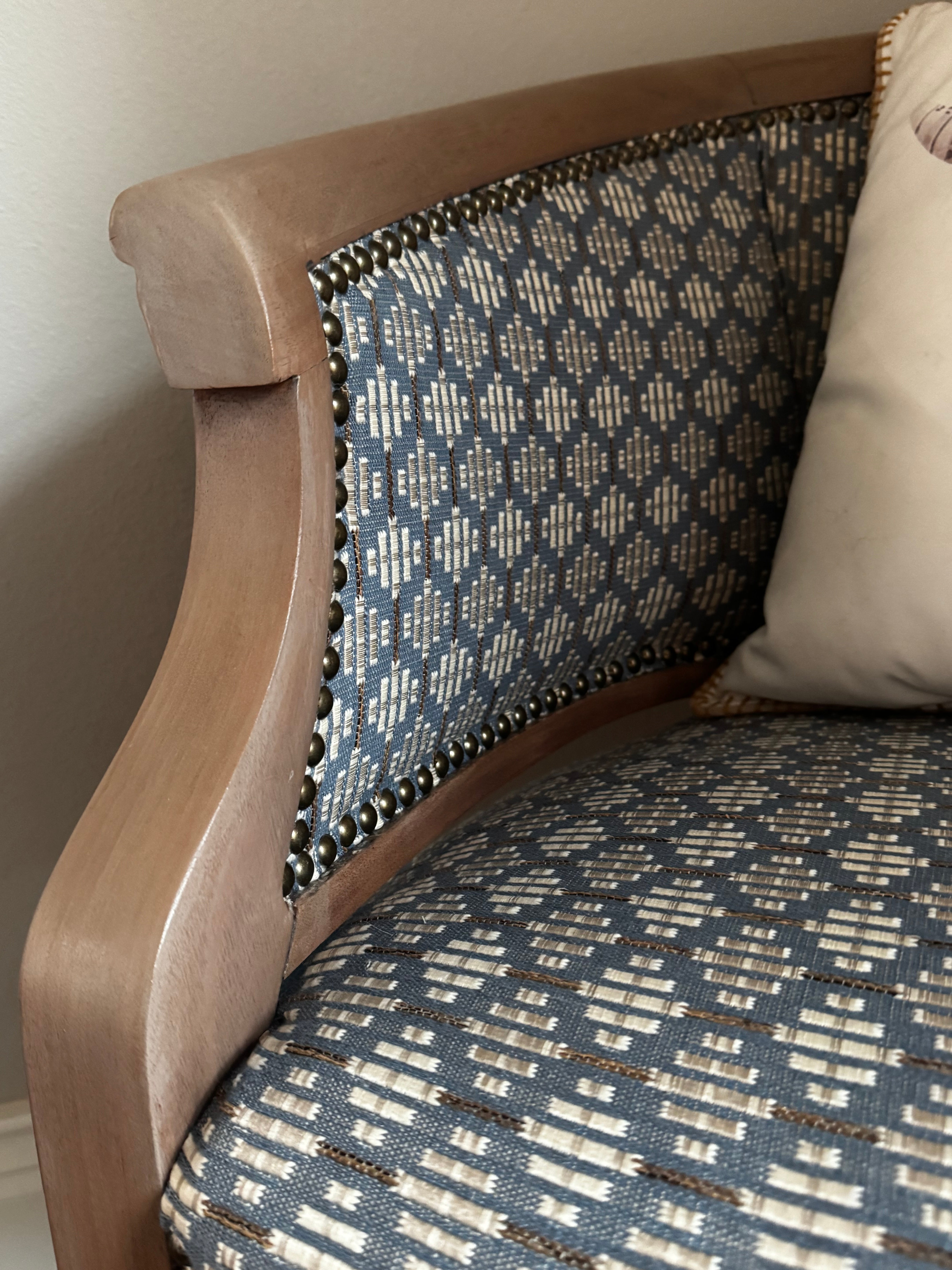 Custom Barrel Chair – Blue Geometric & Plaid Upholstery