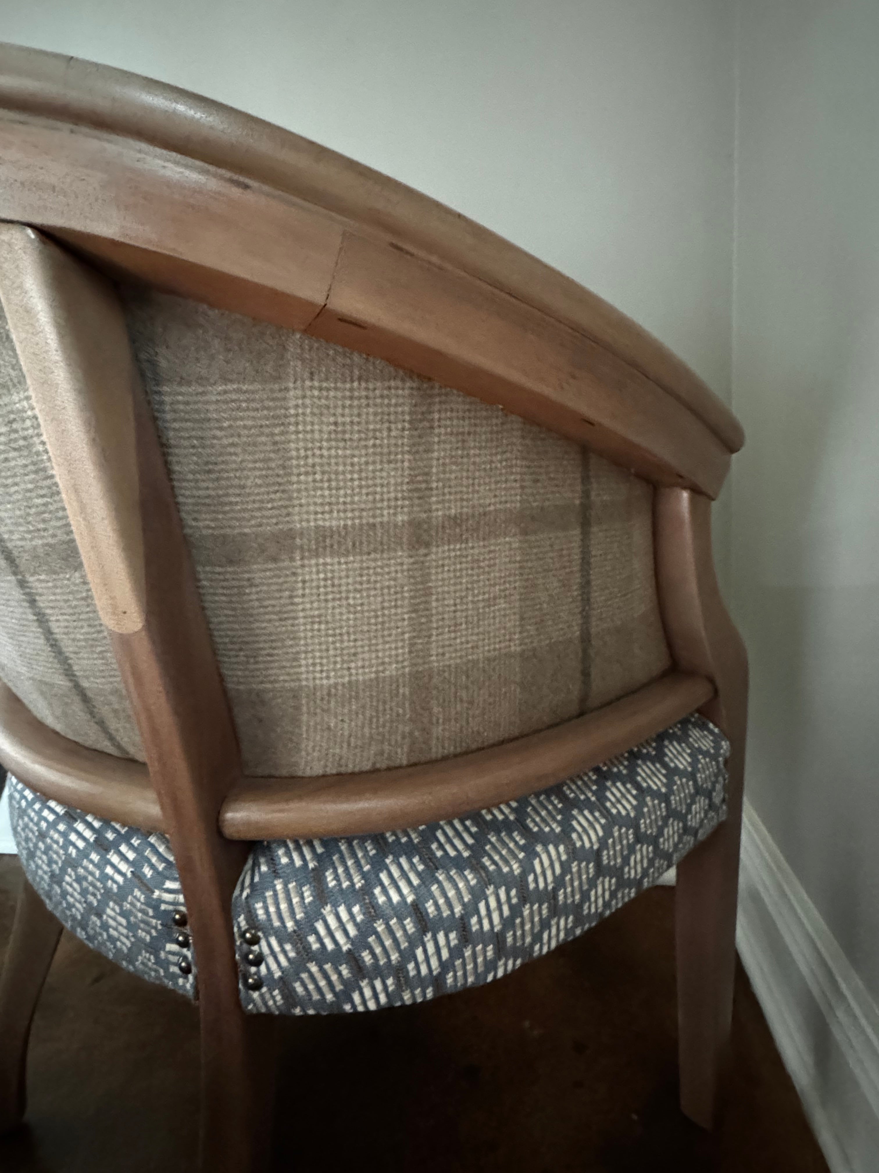 Custom Barrel Chair – Blue Geometric & Plaid Upholstery