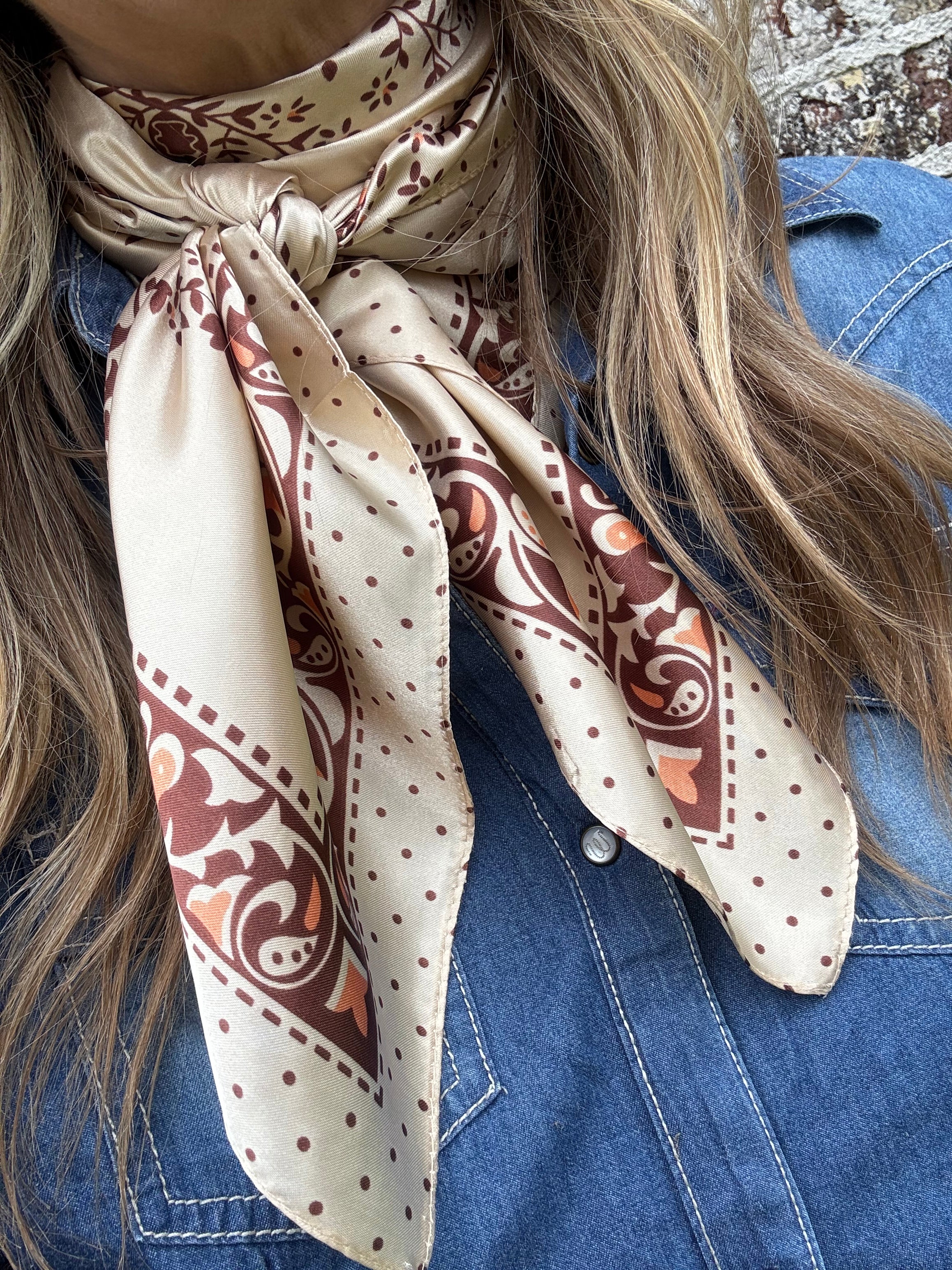 35X35" Tan/Brown Polka Dot & Paisley Wild Rag/Scarf