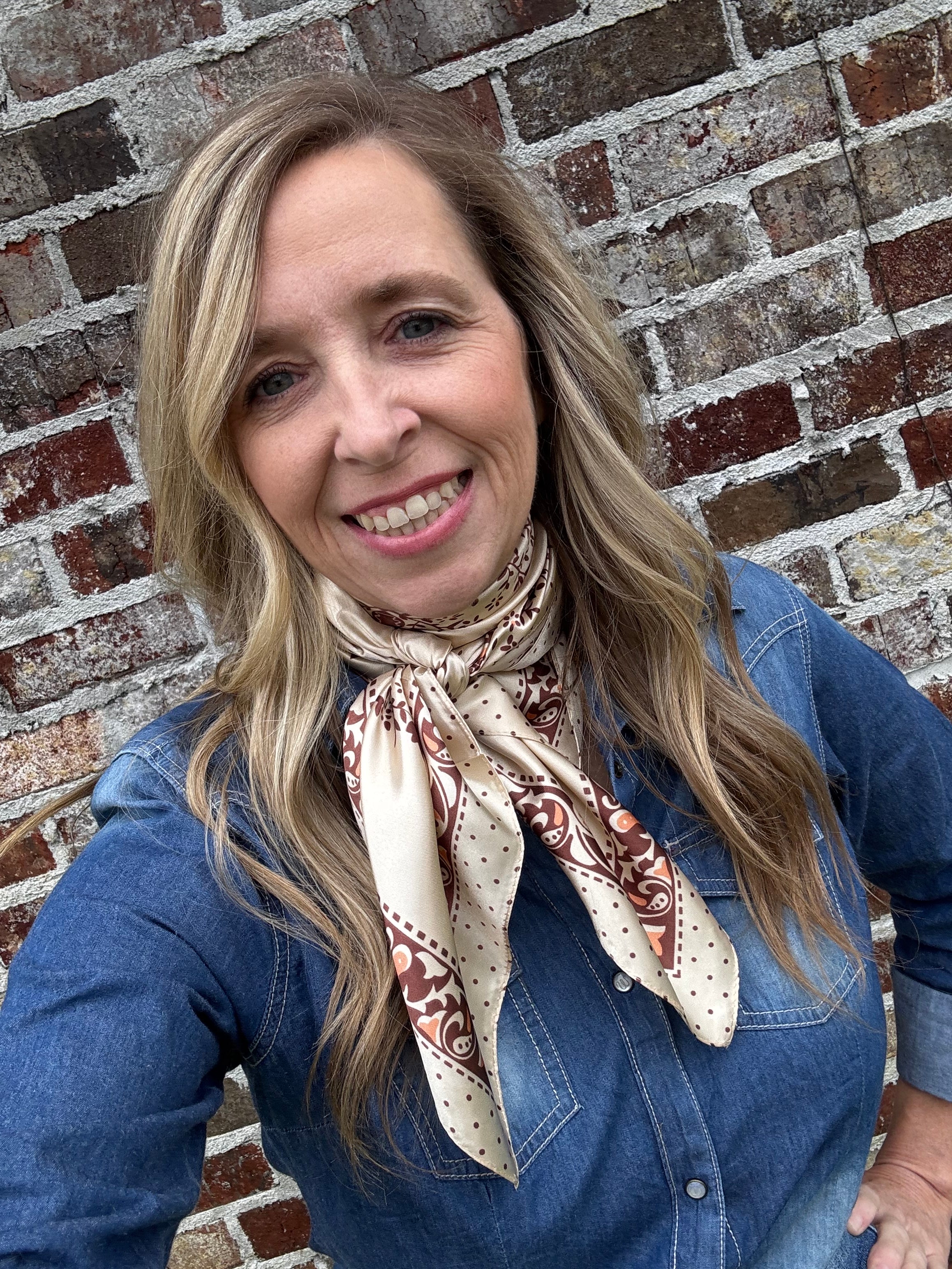 35X35" Tan/Brown Polka Dot & Paisley Wild Rag/Scarf