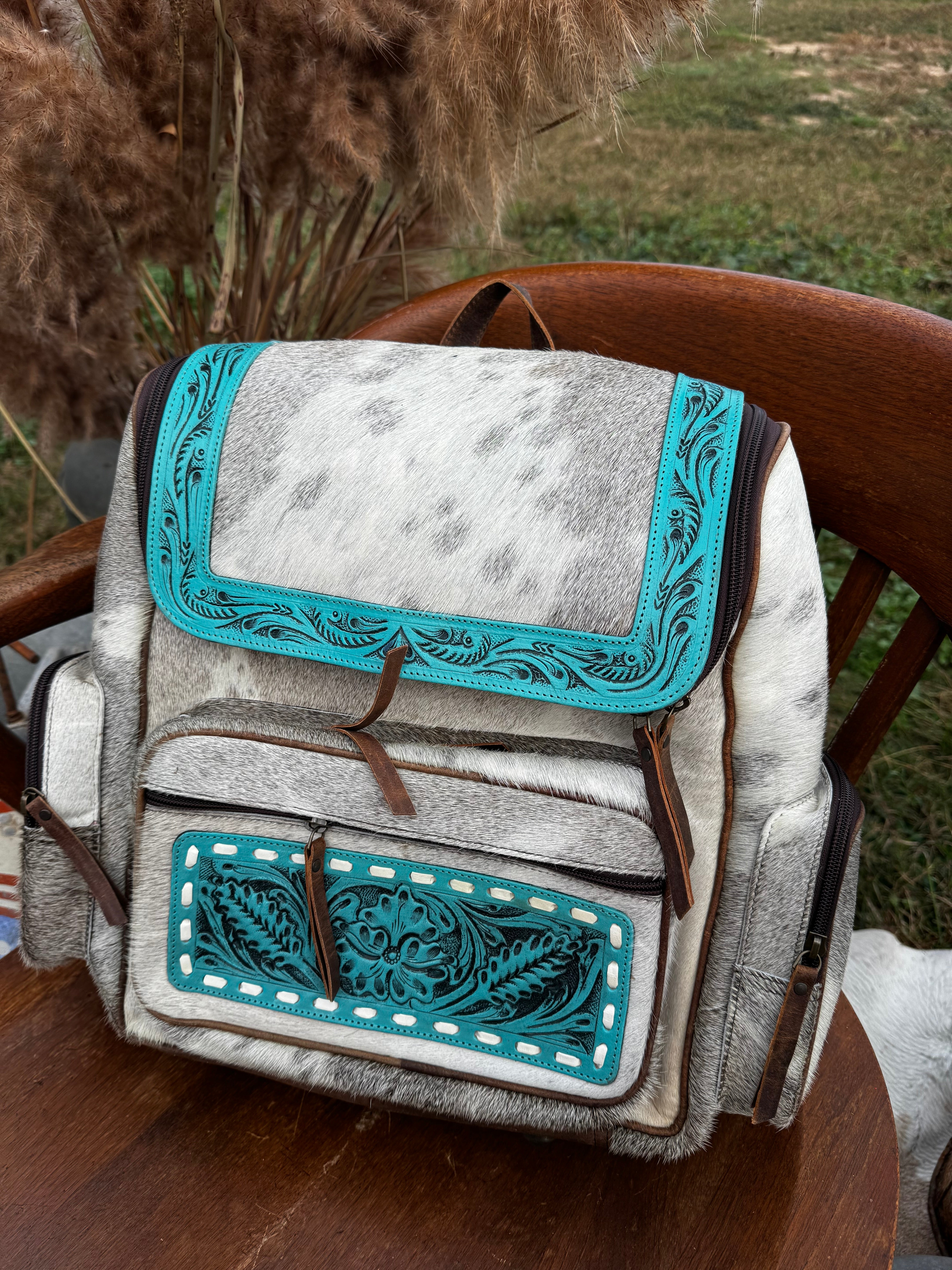 Turquoise Leather Hair on Hide Backpack