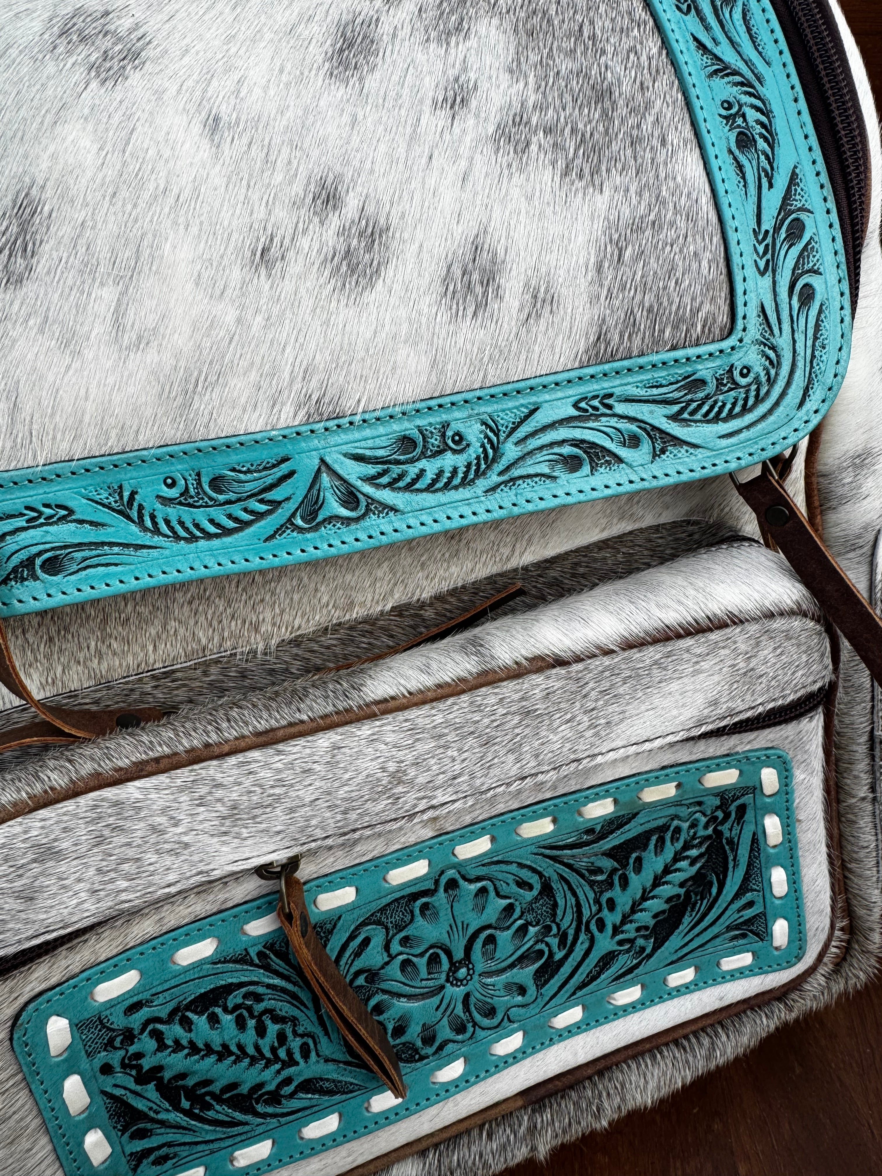 Turquoise Leather Hair on Hide Backpack