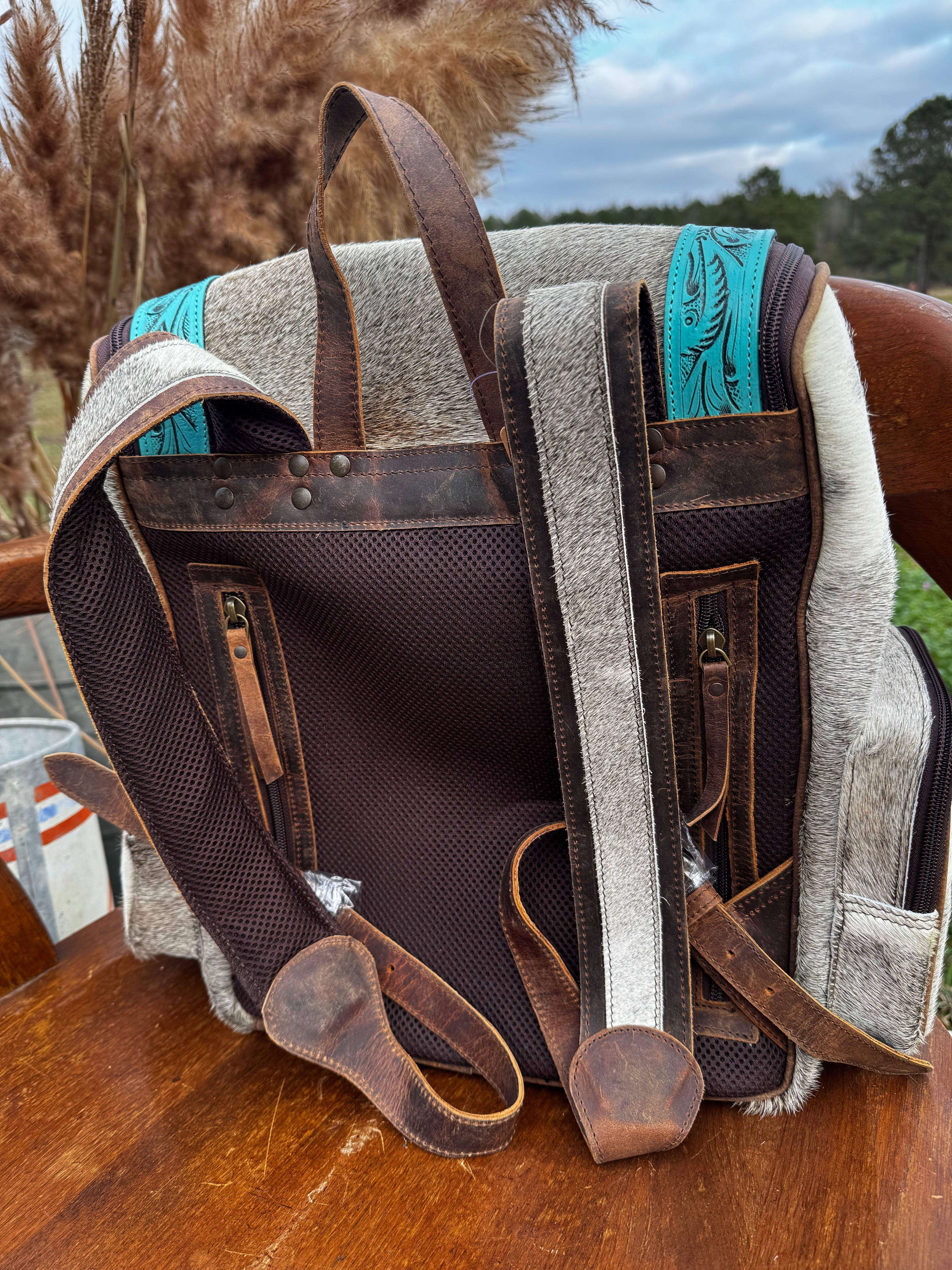 Turquoise Leather Hair on Hide Backpack