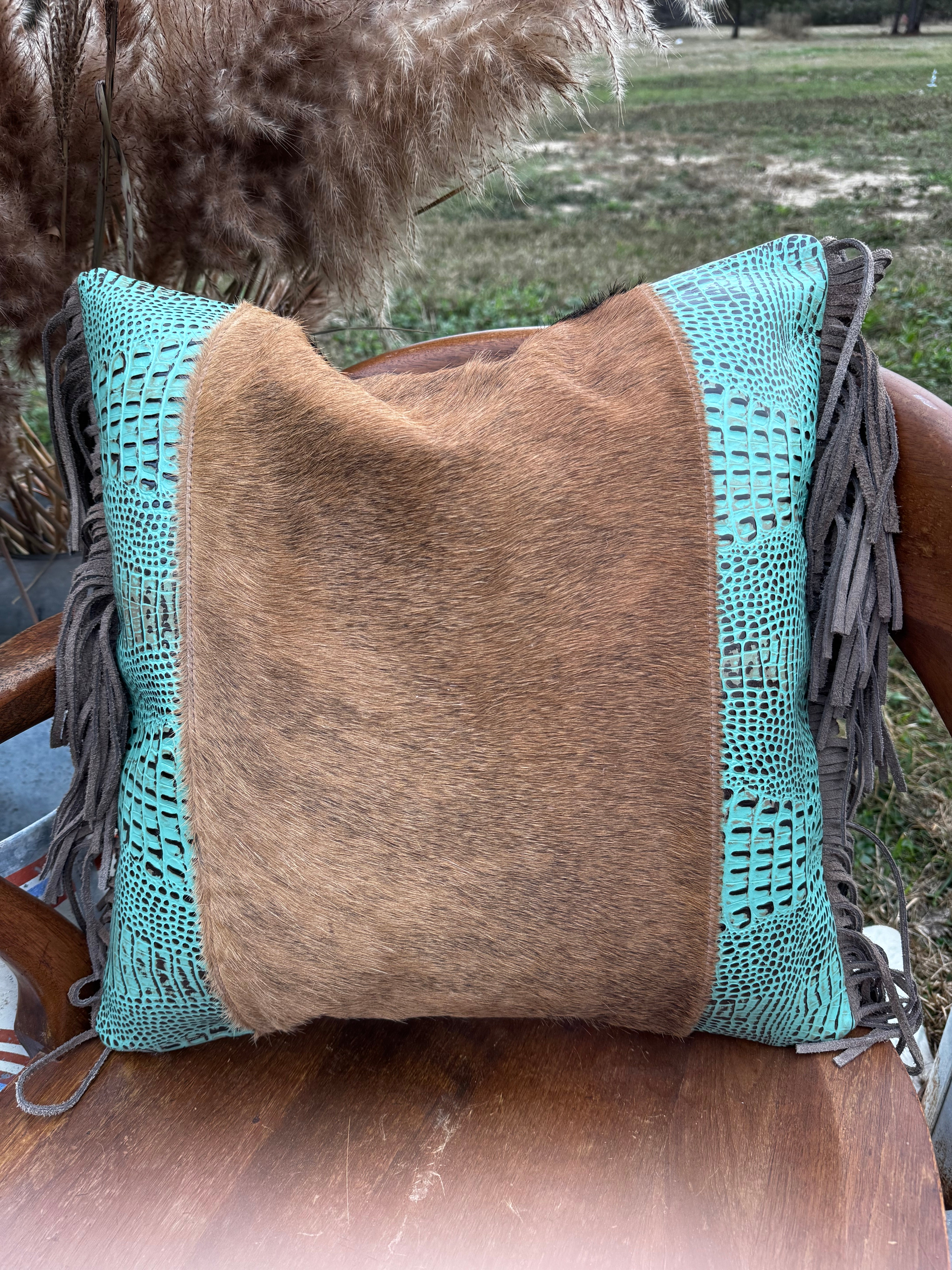 Genuine Leather, Hair on Hide Fringe 18" Pillow Cover