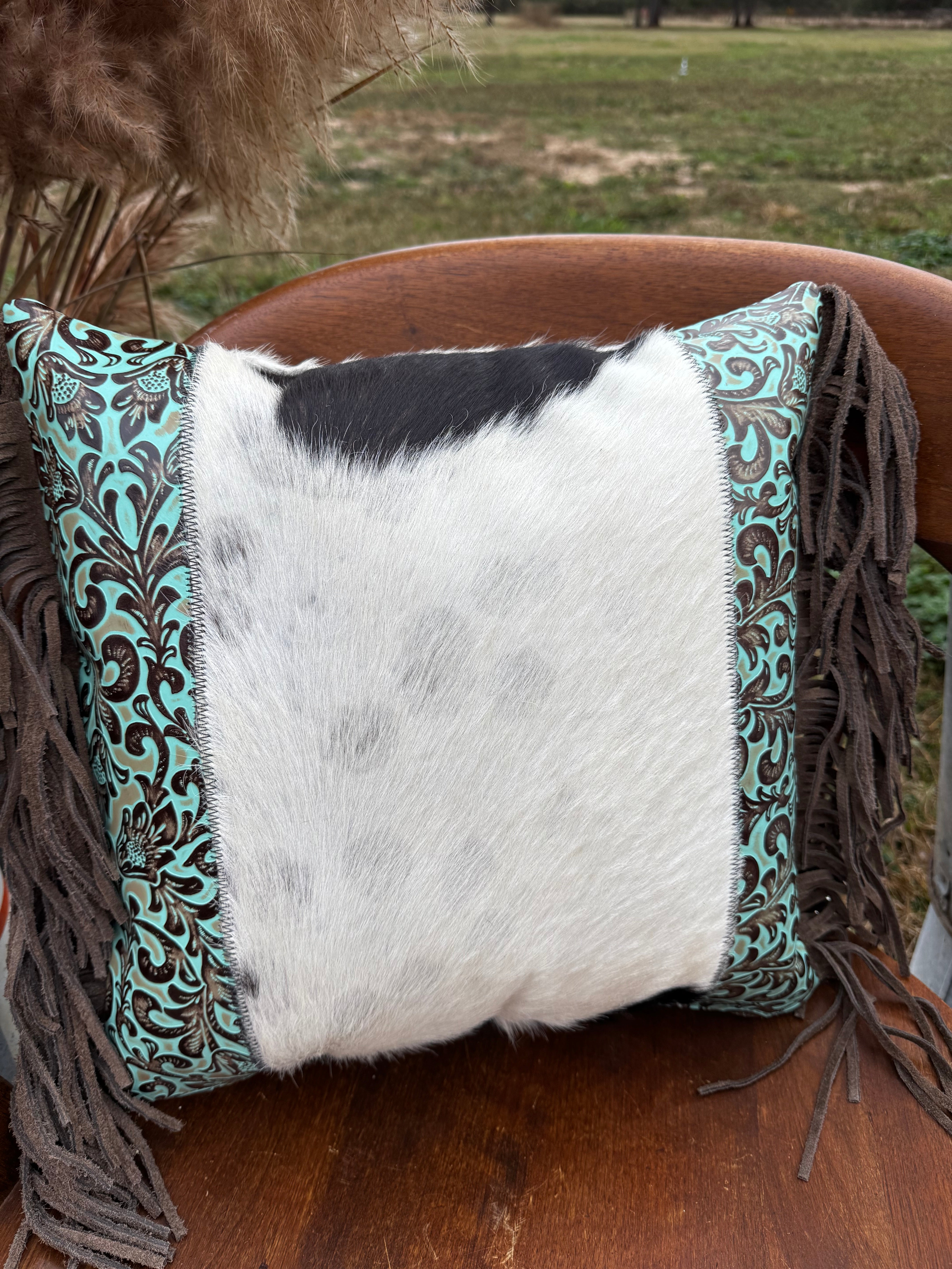 Genuine Leather, Hair on Hide Fringe 18" Pillow Cover