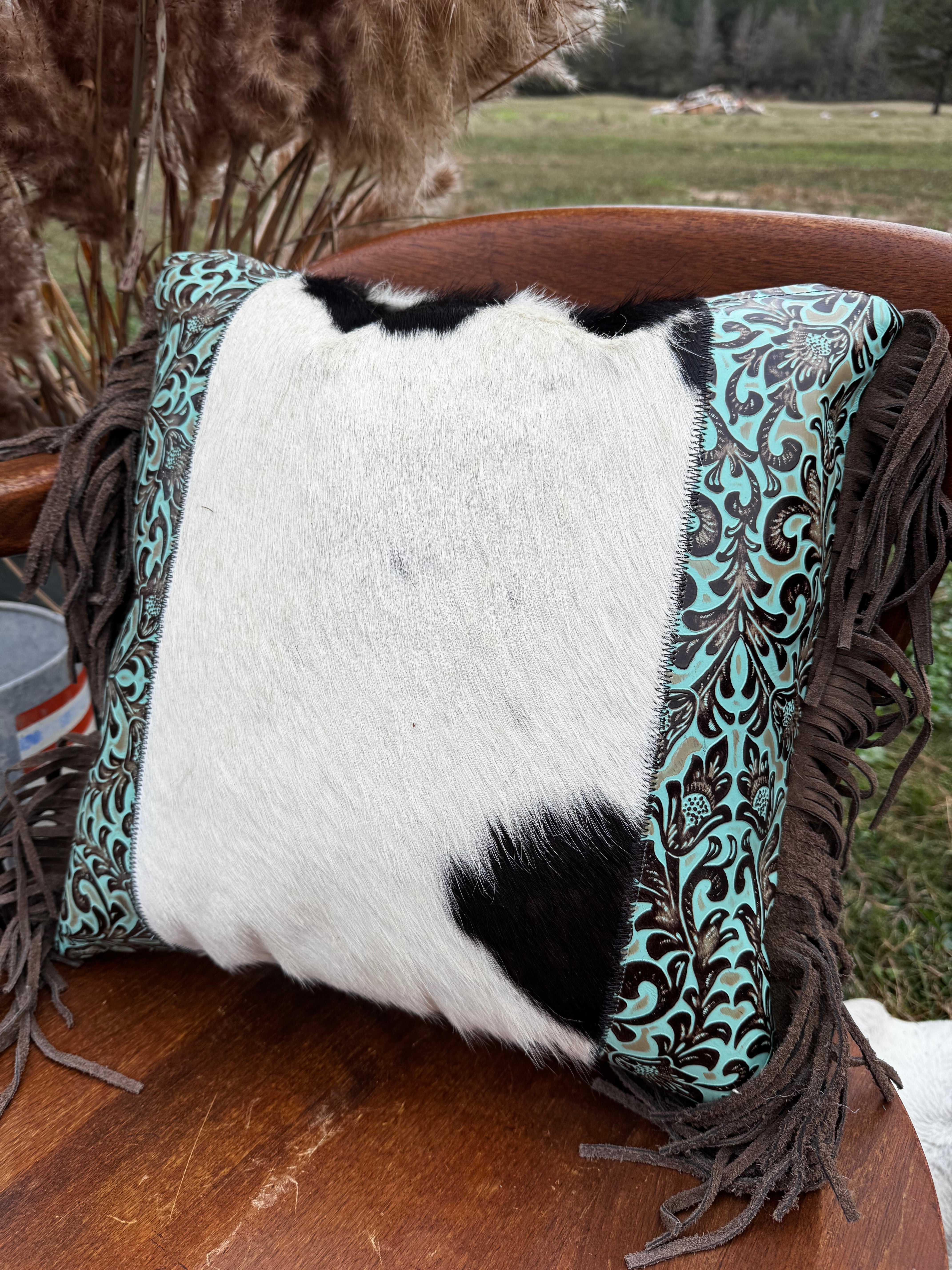 Genuine Leather, Hair on Hide Fringe 18" Pillow Cover