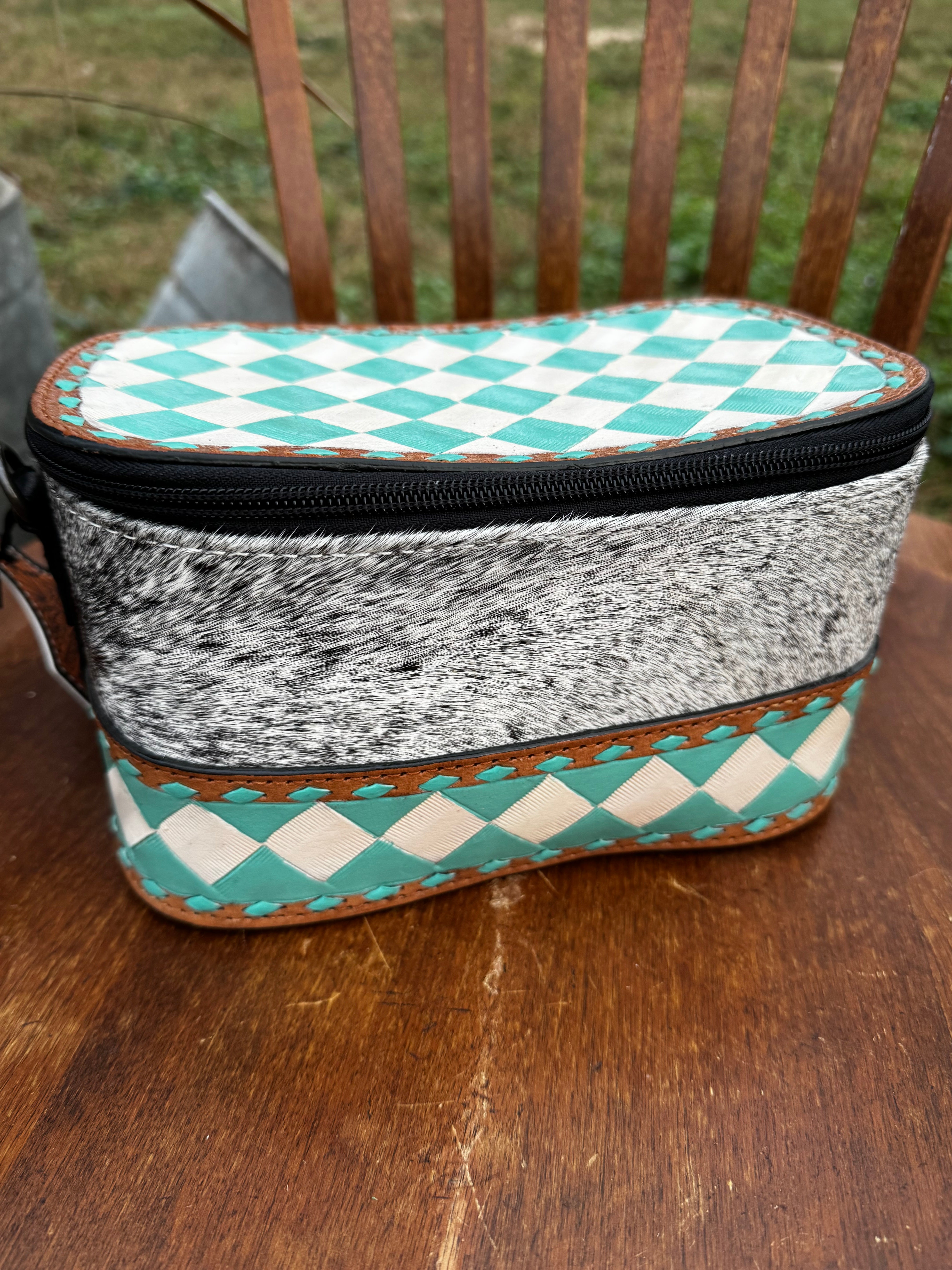 Checkered Leather Makeup Bag with Strap