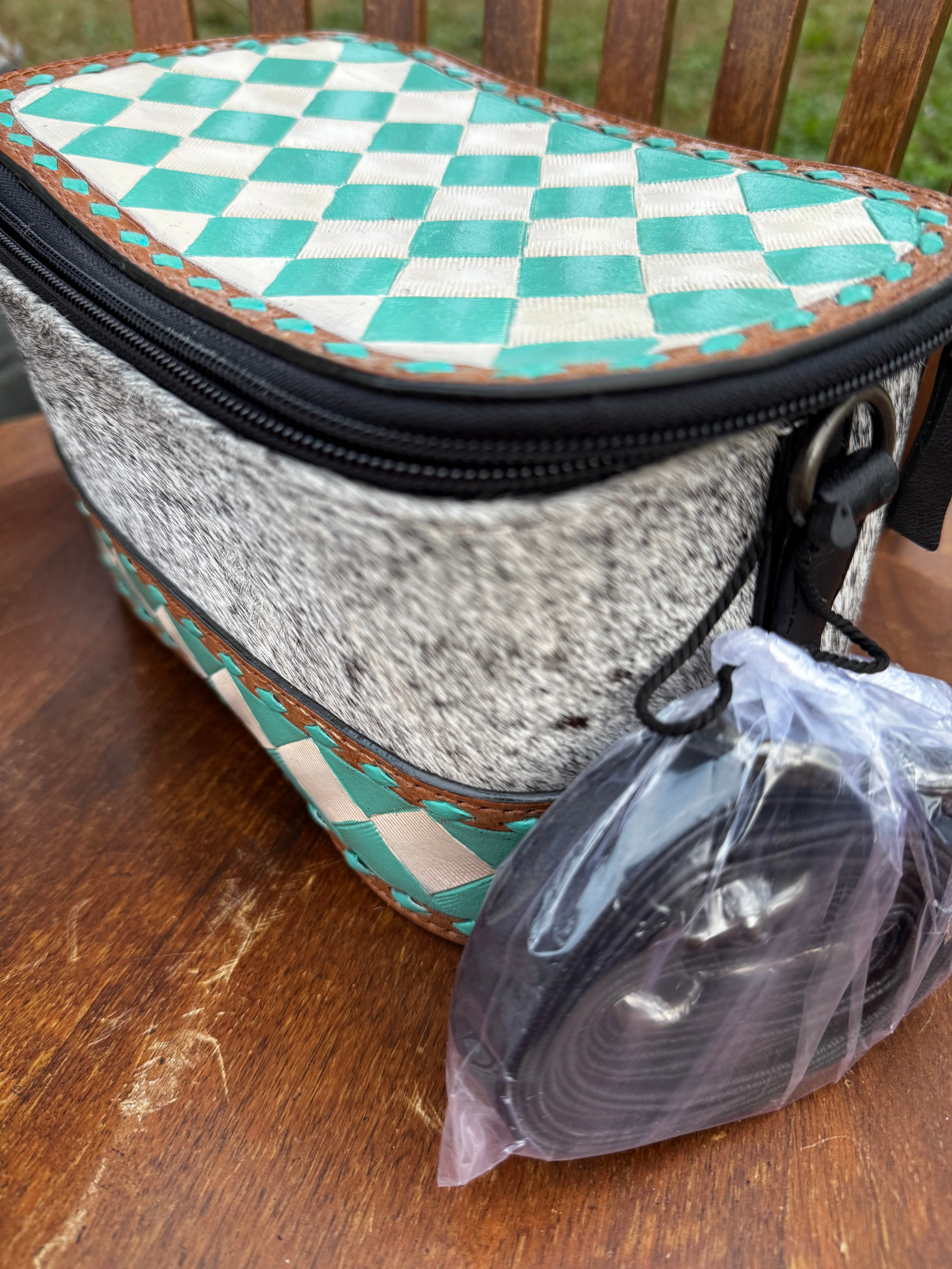 Checkered Leather Makeup Bag with Strap