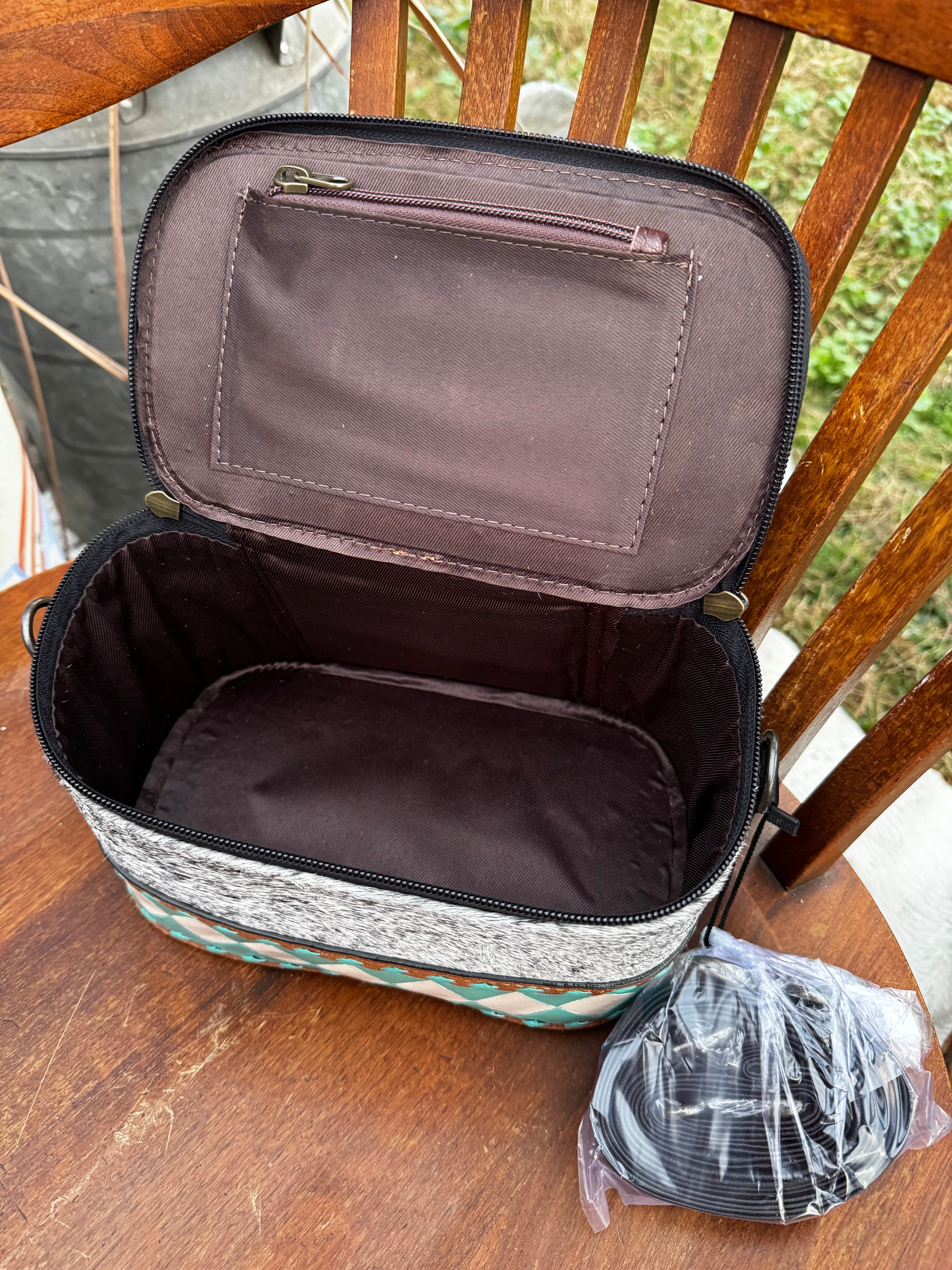 Checkered Leather Makeup Bag with Strap