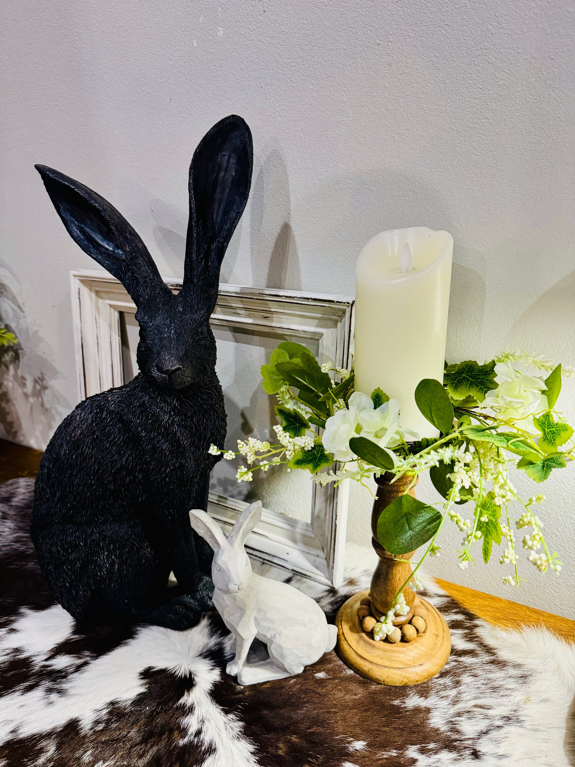 Cream hydrangea floral candle ring centerpiece for pillar candles and wedding table decor