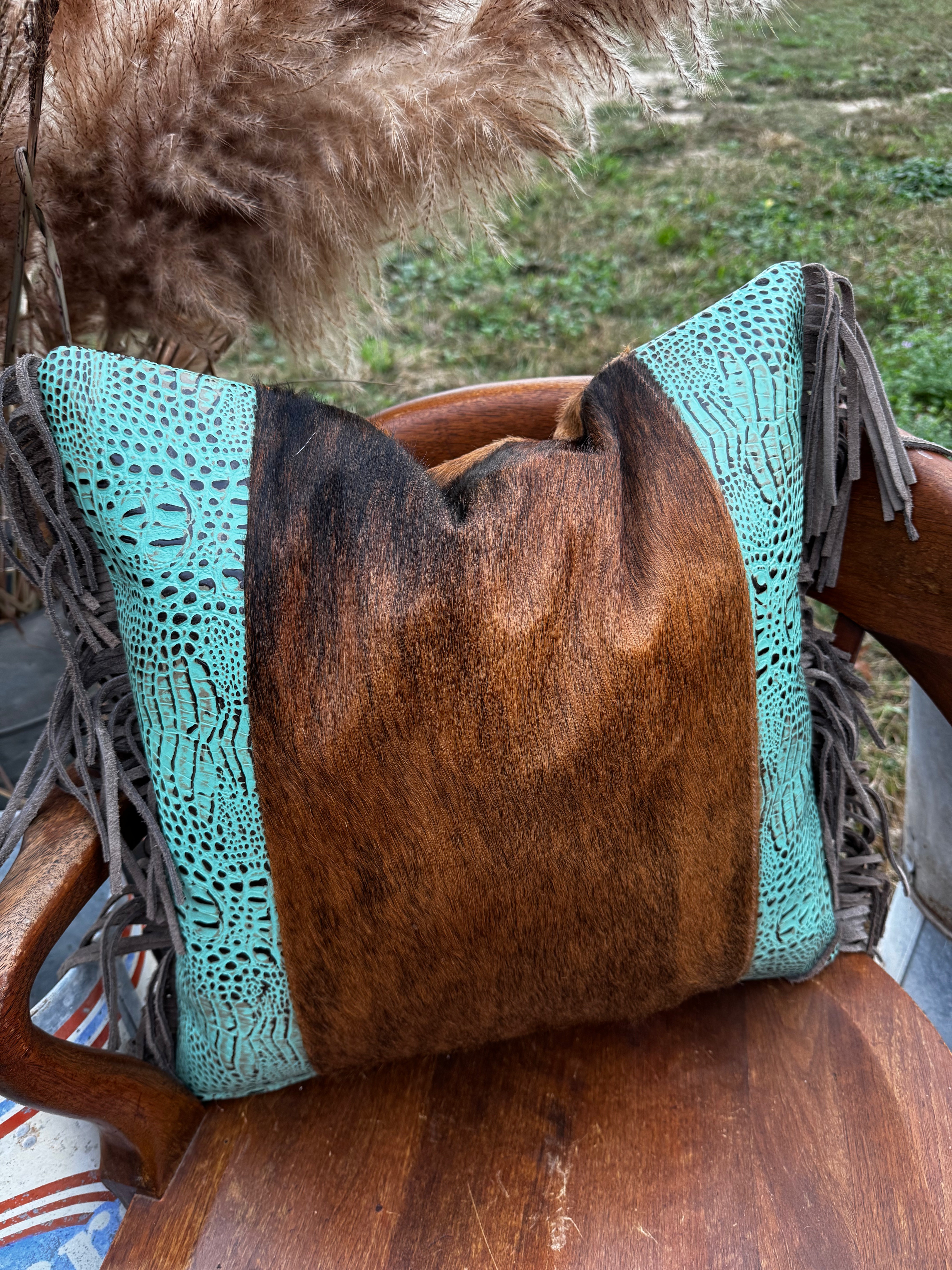 Genuine Leather, Hair on Hide Fringe 18" Pillow Cover