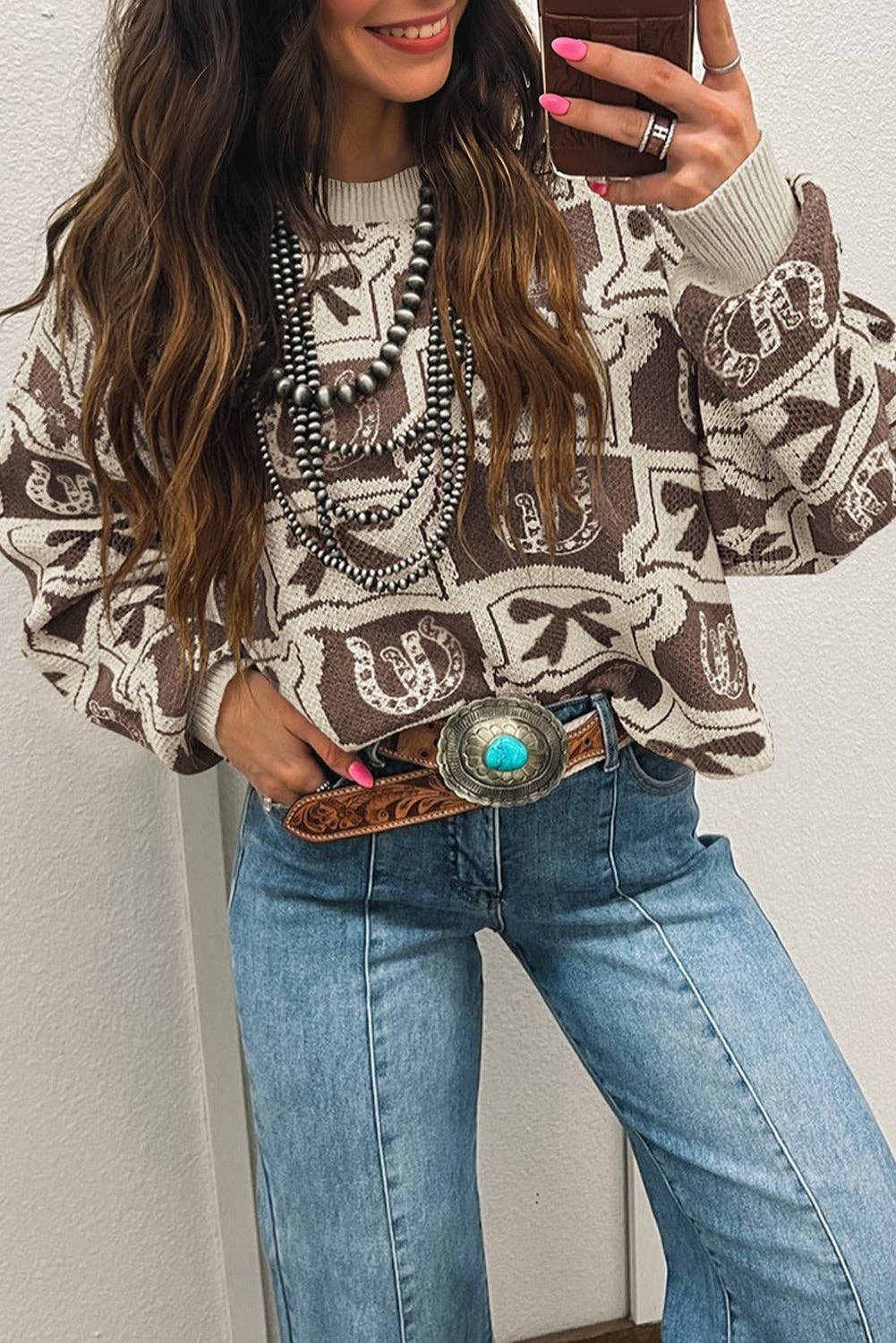 Brown Bows & Horseshoes Pattern Western Fashion Print Sweater